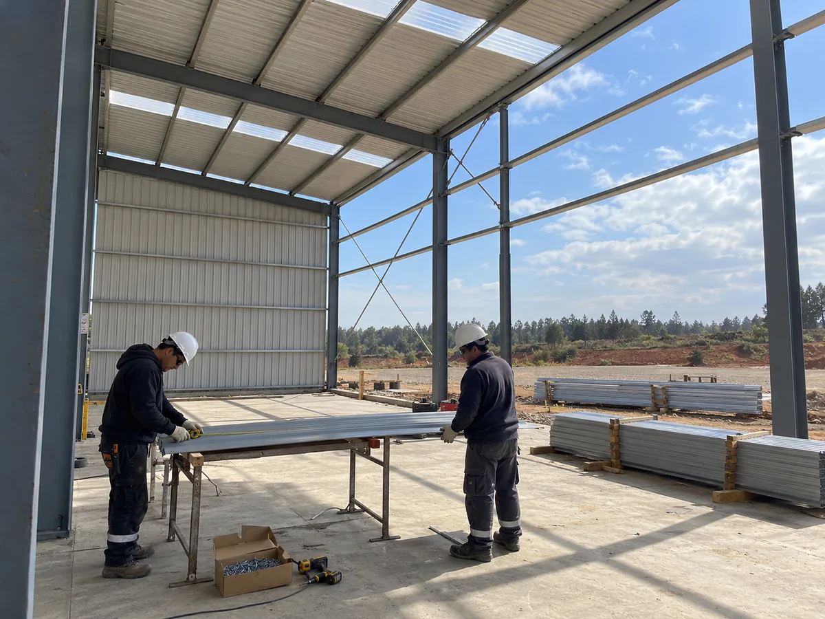 Dos trabajadores preparan una plancha de cerramiento en un galpón parcialmente cerrado.