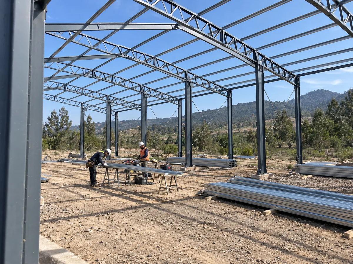 Dos montajistas preparan componentes a nivel de suelo dentro de una estructura de galpón sin cubierta.